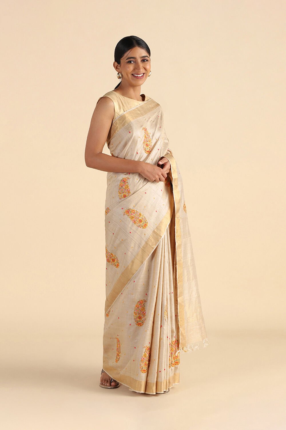 Off White Embroidered Pure Tussar Saree image number null