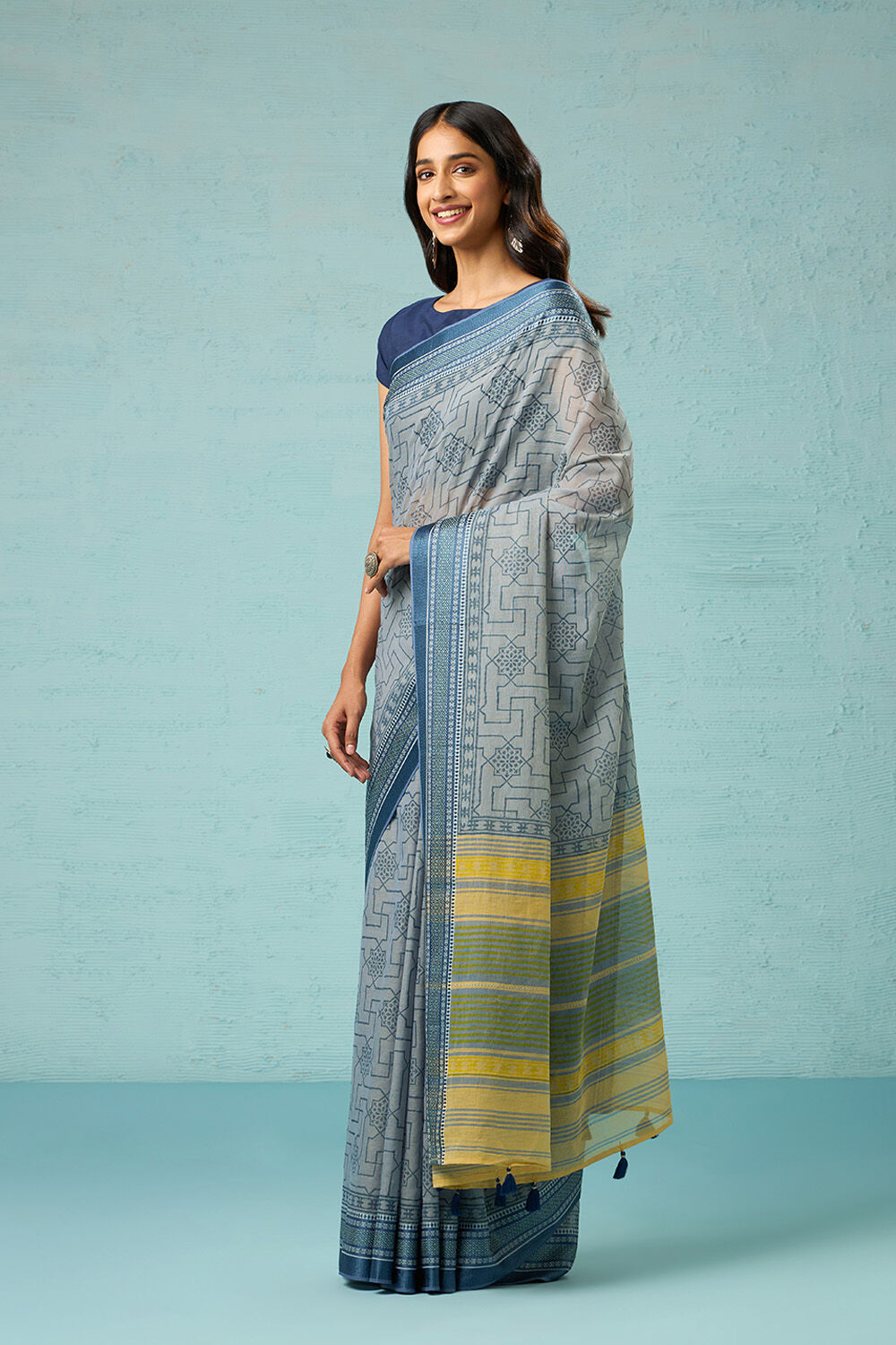 Blue Pure Cotton Block Printed Bengal Saree image number null