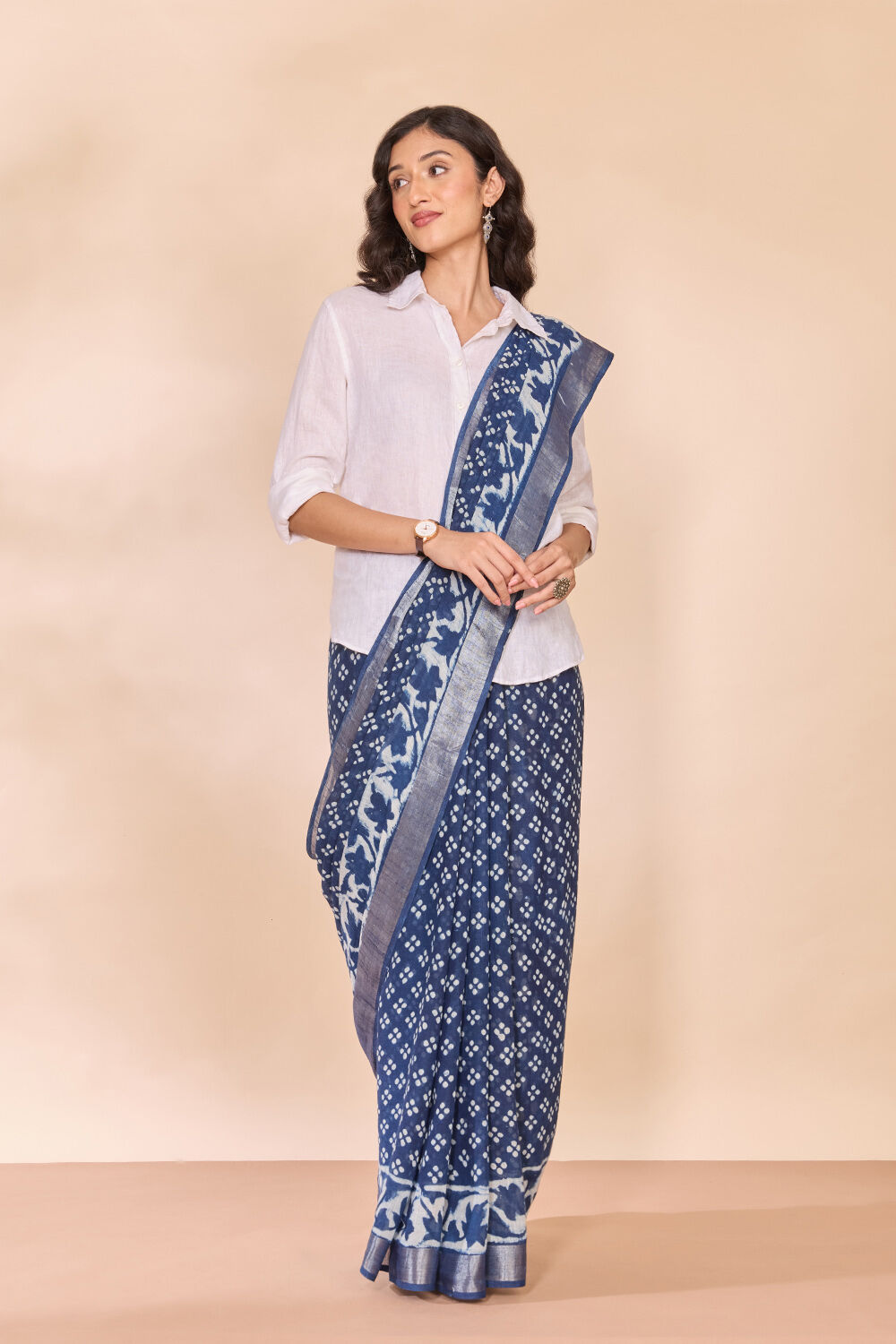 Blue Bagru Viscose Cotton Dabu Block Printed Saree image number null