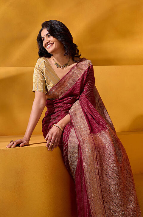 Dark Red Woven Pure Silk Crepe Saree