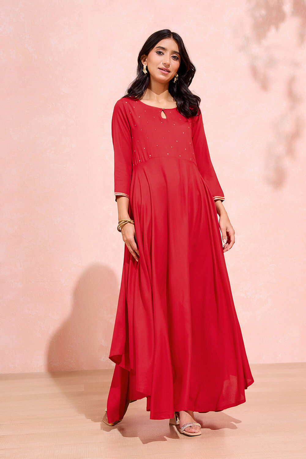 Red Viscose Embroidered Kurta image number null