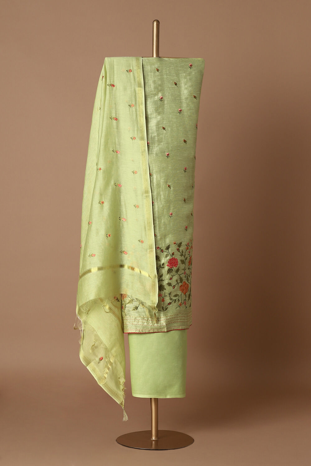 Light Green Silk Linen Embroidered Unstitched Suit Set image number null