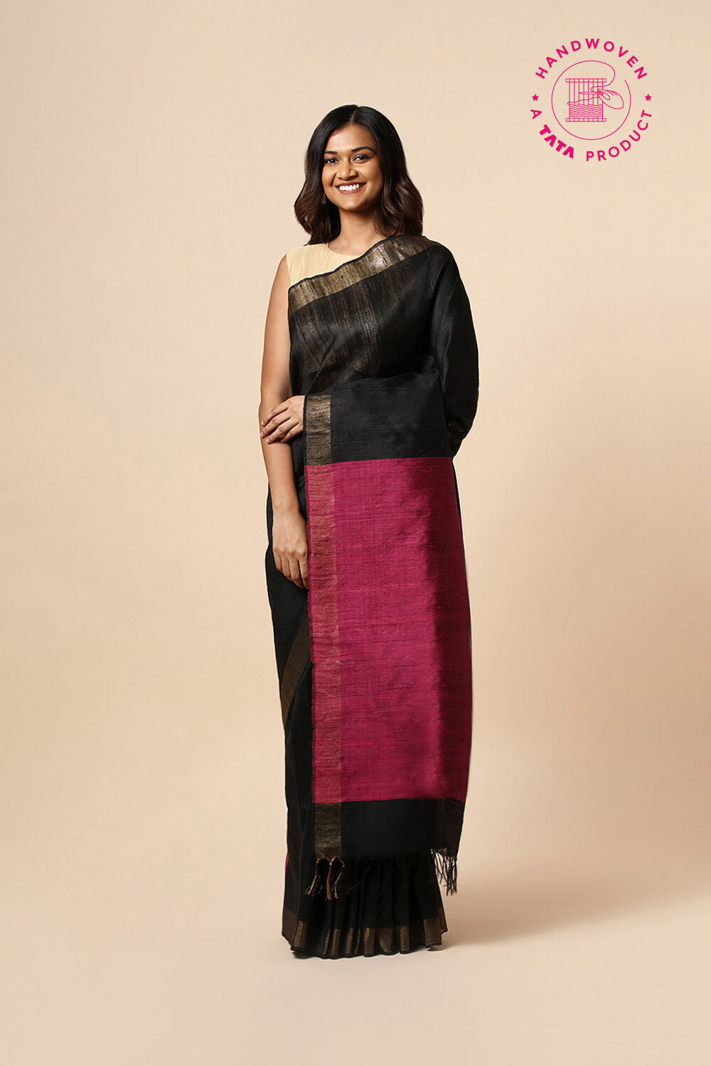 Black Pure Khadi Silk Bhagalpuri Saree image number null