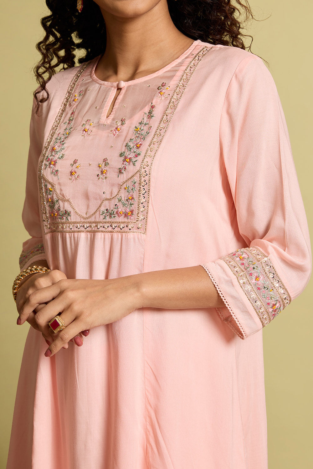 Light Pink Viscose Embroidered Kurta Set image number null