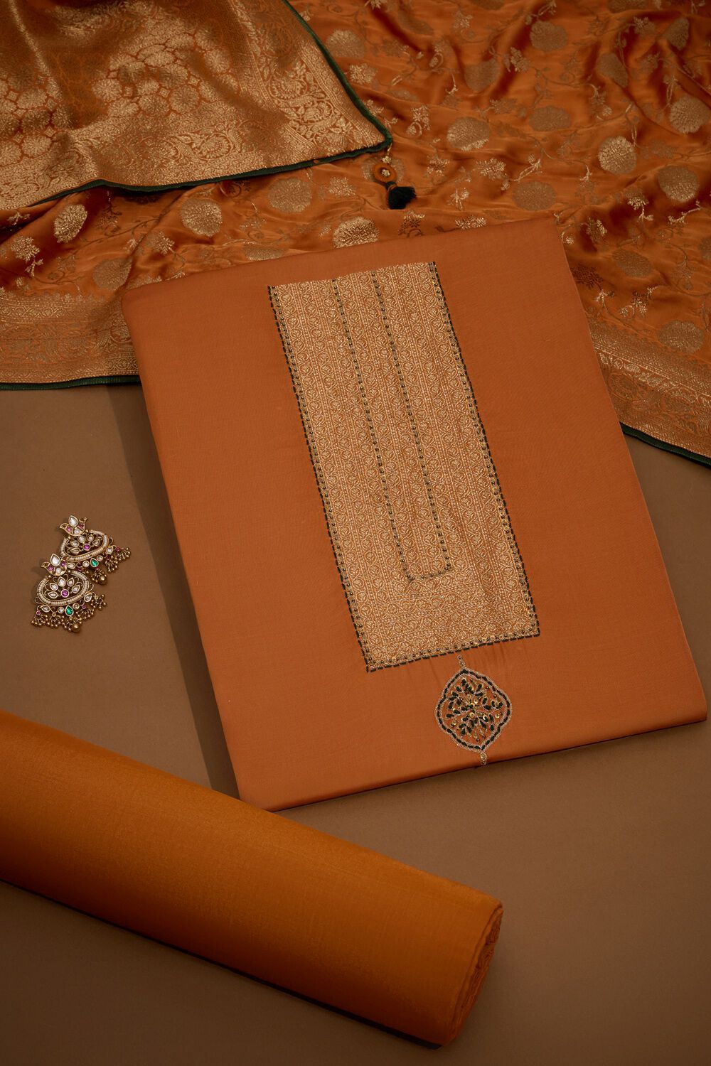 Dark Orange Embroidered Viscose Unstitched Suit Set image number null