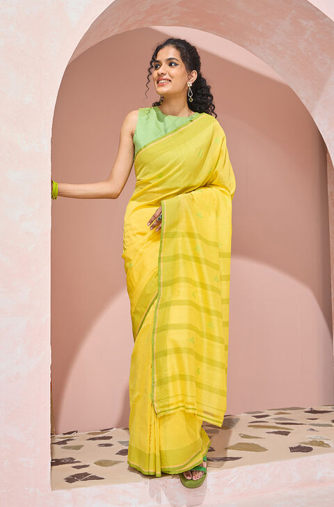 Yellow Cutwork Pure Cotton Bengal Saree