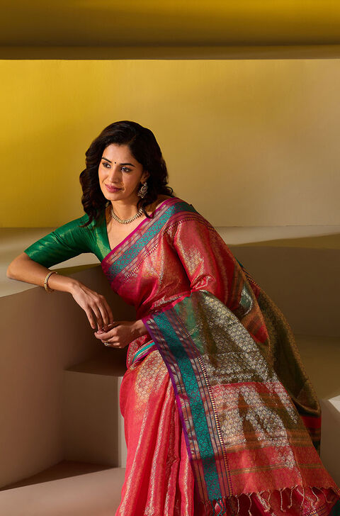 Pink Brocade Pure Silk Cotton Maheshwari Saree