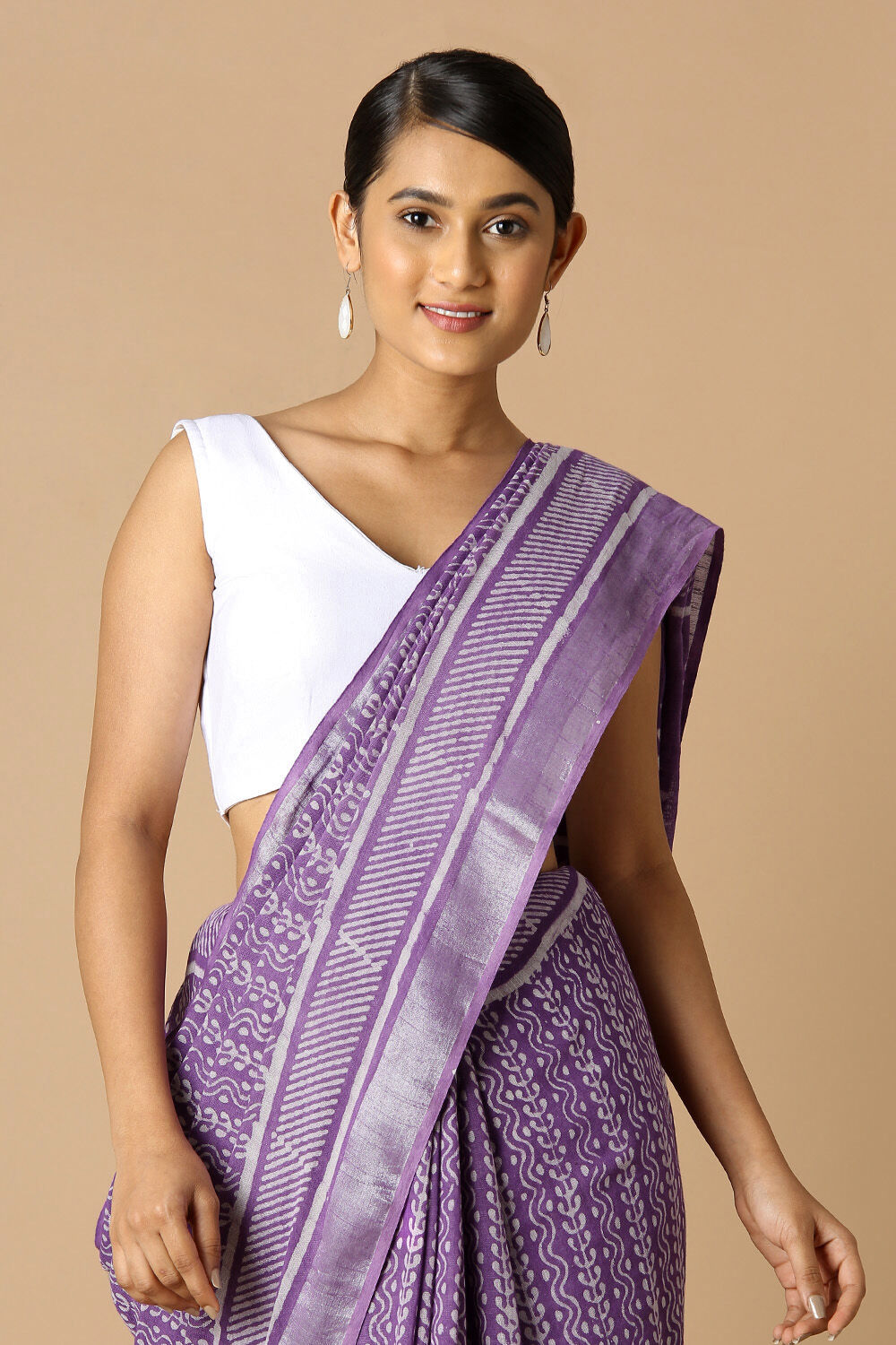 Violet Pure Cotton Linen Bagru Printed Saree image number null