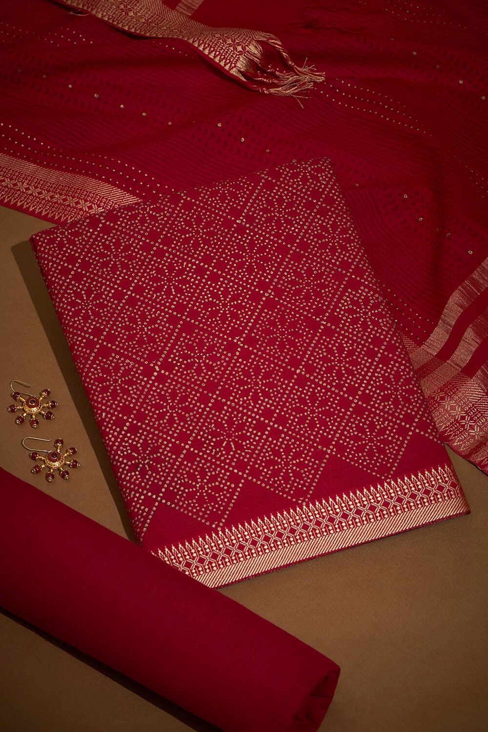 Red Block Printed Pure Cotton Unstitched Suit Set image number null