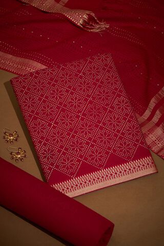 Red Block Printed Pure Cotton Unstitched Suit Set image number