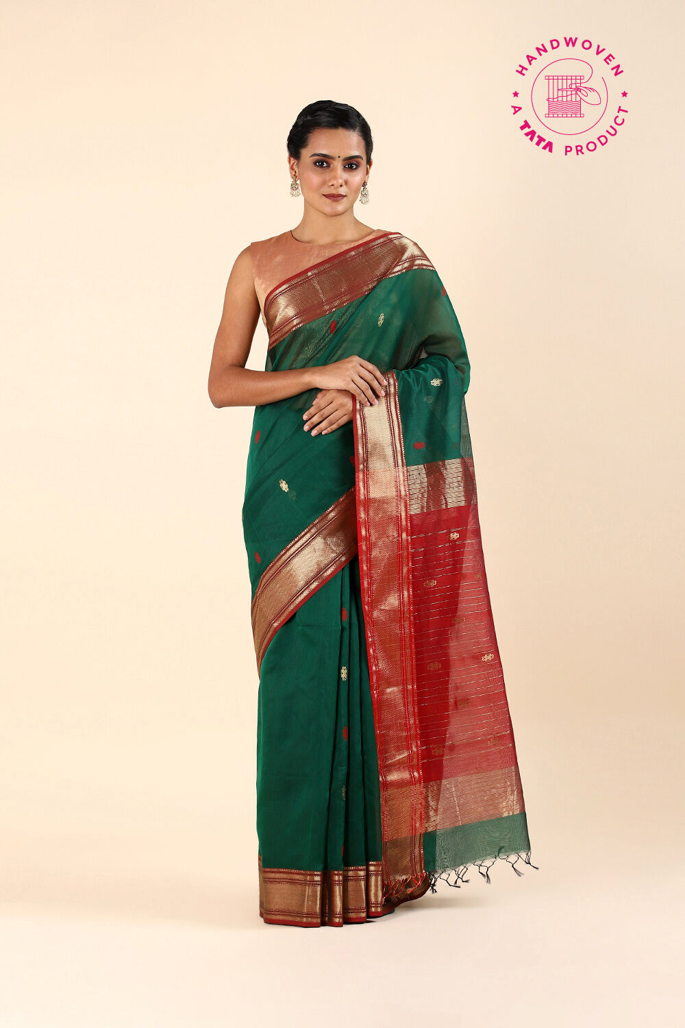 Dark Green Pure Silk Cotton Maheswari Saree image number null