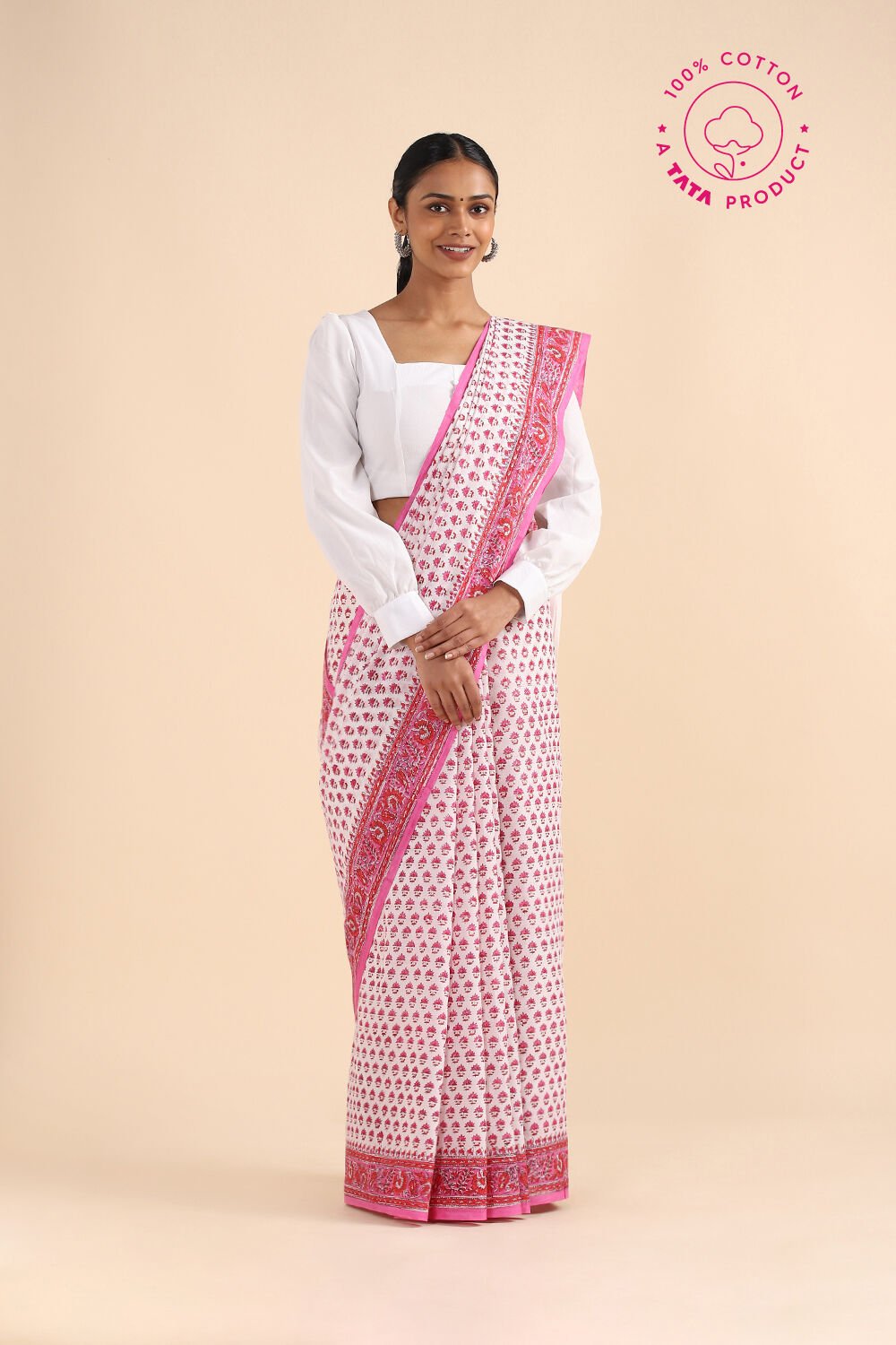 White Pure Cotton Sanganeri Printed Saree image number null