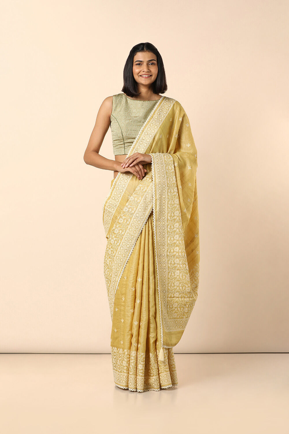 Yellow Embroidered Pure Tussar Saree image number null