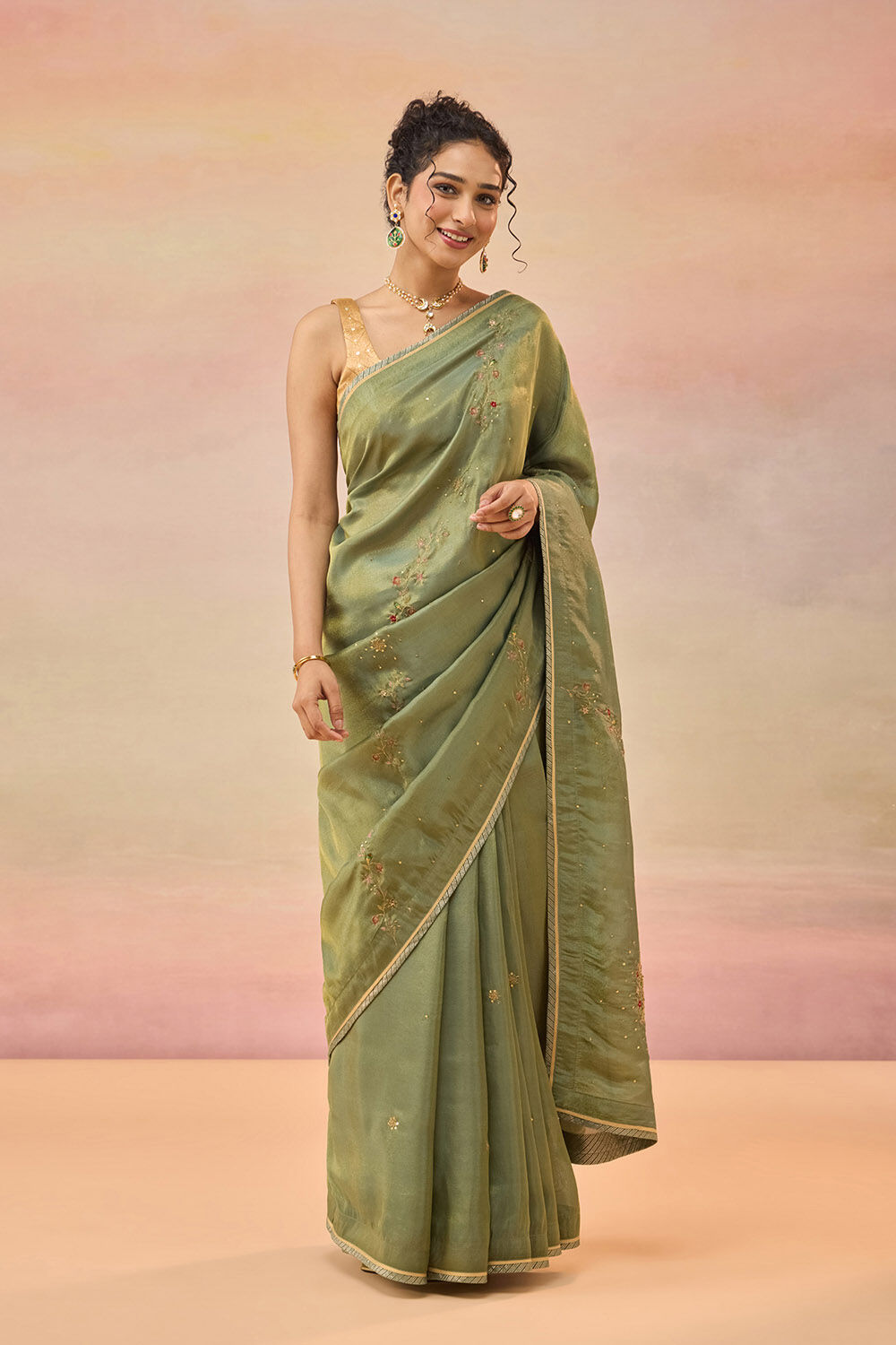 Green Viscose Tissue Embroidered Saree image number null
