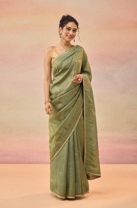 Green Viscose Tissue Embroidered Saree