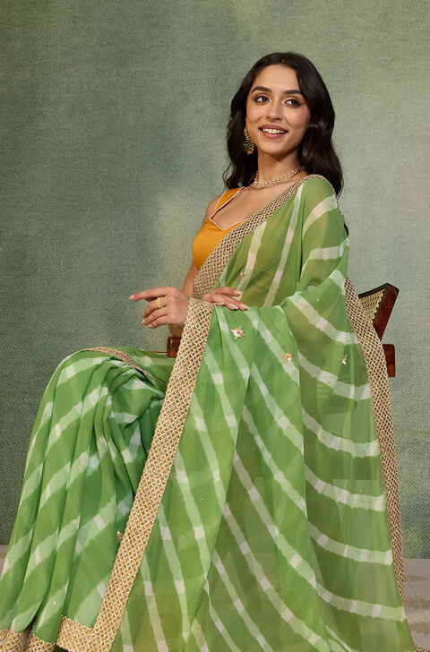 Light Green Gota Patti Viscose Georgette Rajasthan Saree