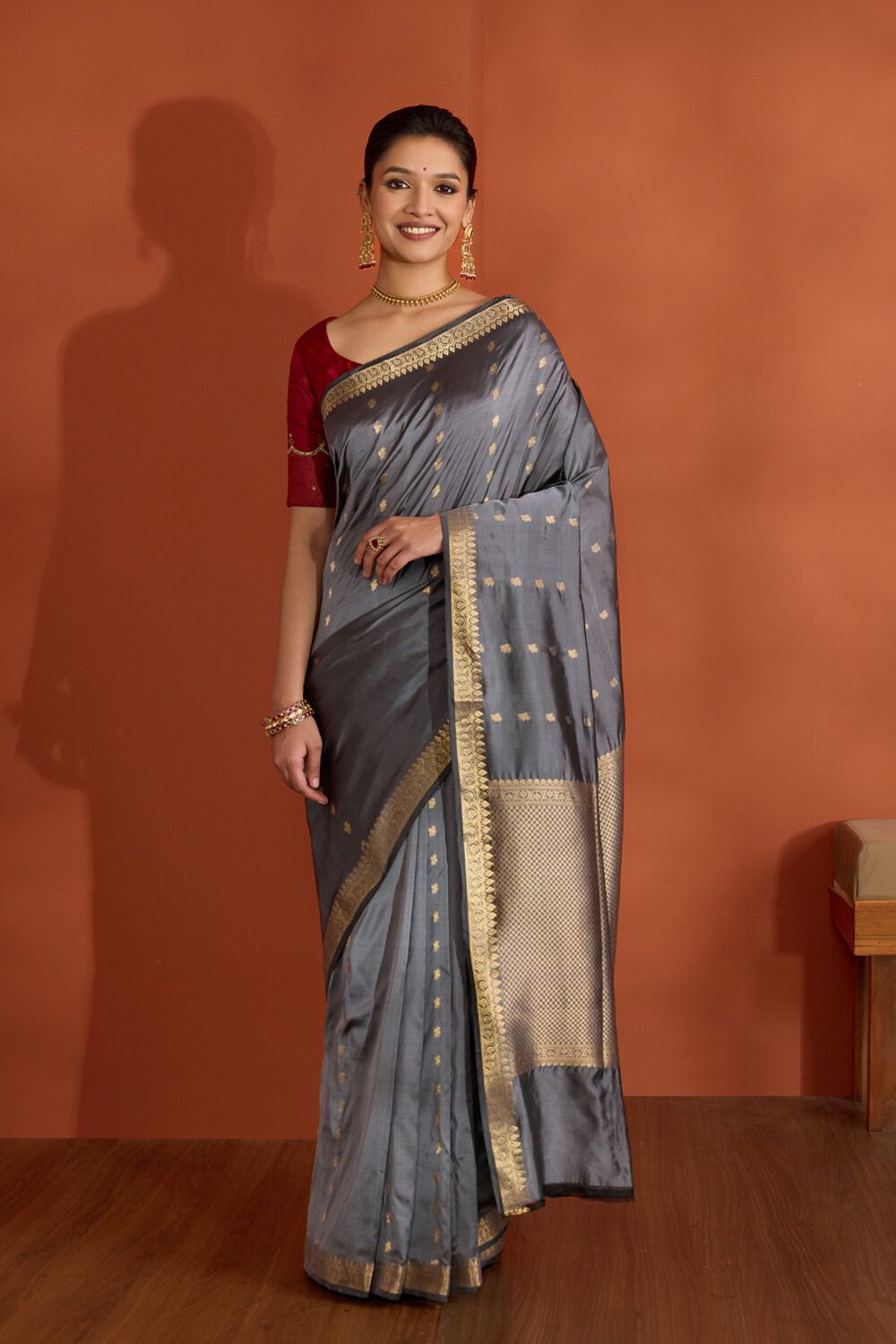 Grey Silk Viscose Cutwork Banaras Inspired Design Saree image number null
