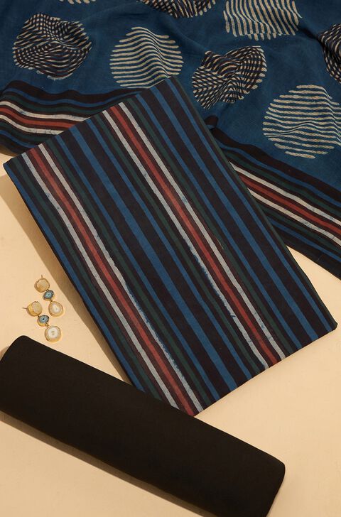 Dark Blue Pure Cotton Dabu Block Printed Unstitched Suit Set