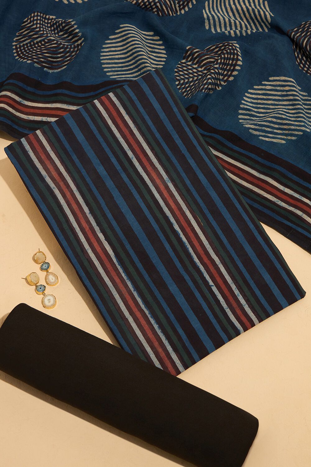 Dark Blue Pure Cotton Dabu Block Printed Unstitched Suit Set image number null