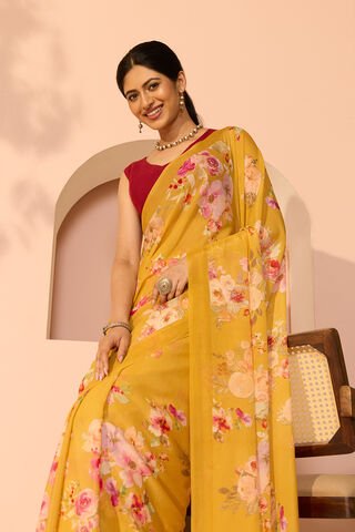 Yellow Printed Viscose Crepe Saree image number