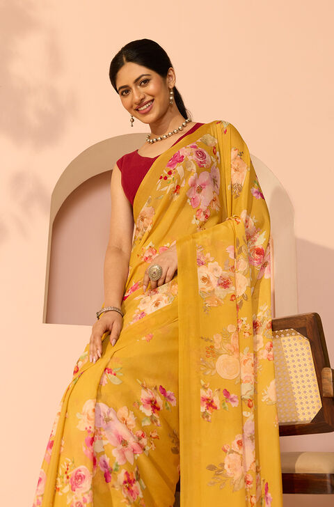 Yellow Printed Viscose Crepe Saree