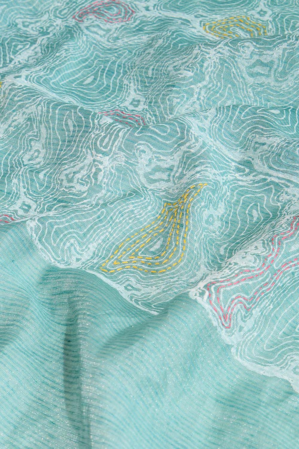 Light Blue Block Printed Tissue Linen Saree image number null