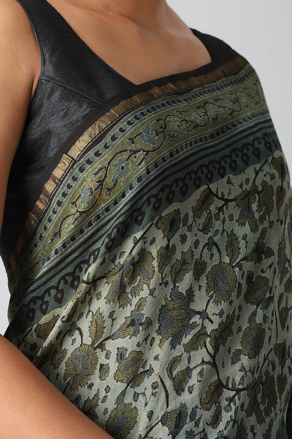 Dark Green Pure Silk Cotton Bagru Printed Saree image number null