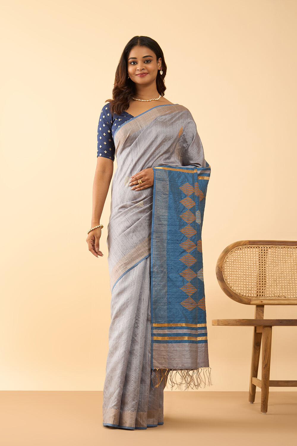 Grey Bhagalpur Woven Pure Silk Saree image number null