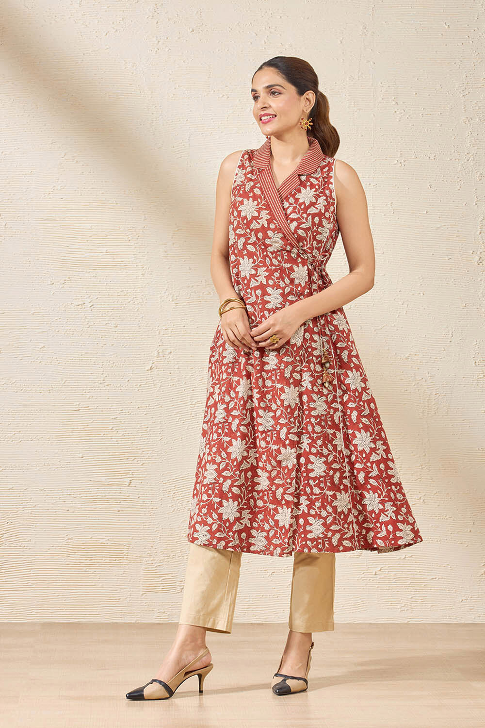 Red Pure Cotton Printed Sanganeri Kurta image number null