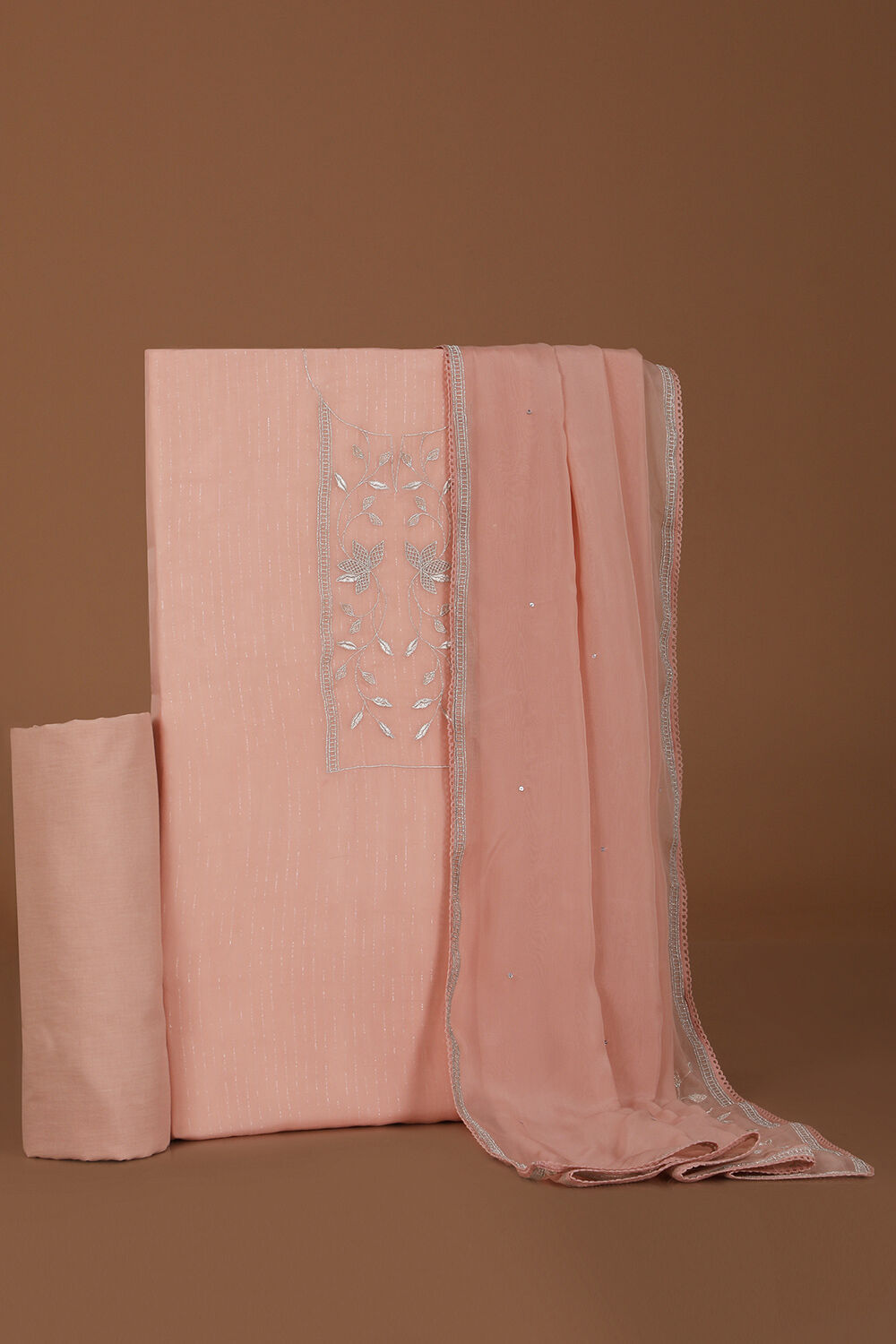 Light Pink Pure Silk Organza Embroidery Unstitched Suit Set image number null