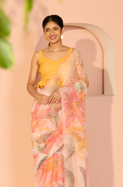 Light Pink Screen Printed Viscose Chiffon Saree