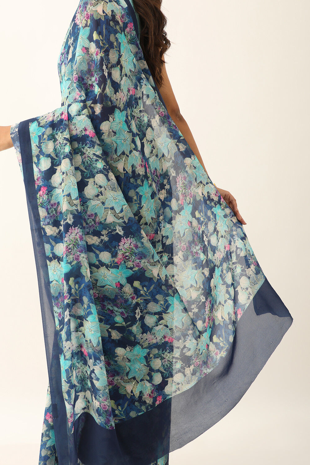 Blue Viscose Crepe Digital Print Saree image number null