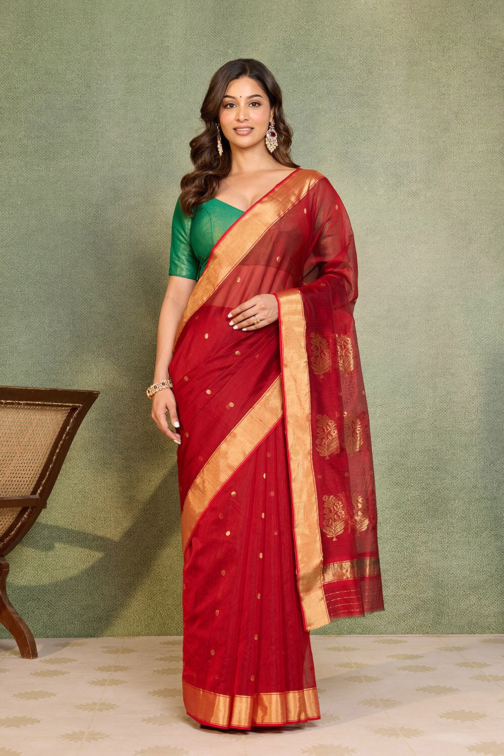 Red Woven Pure Silk Cotton Chanderi Saree image number null