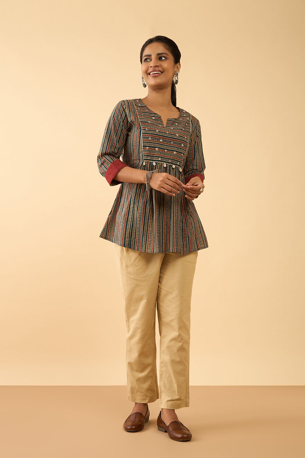 Dark Blue Block Printed Pure Cotton Short Top image number null