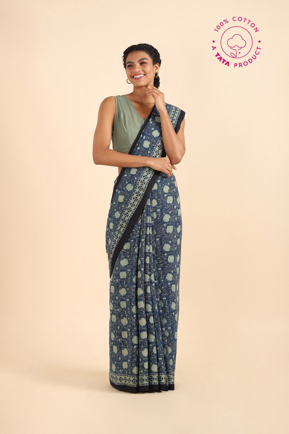 Blue Pure Cotton Ajrakh Printed Saree image number null