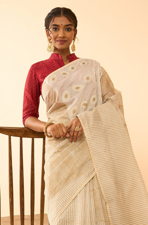 Off White Pure Silk Cotton Block Printed Embroidered Saree