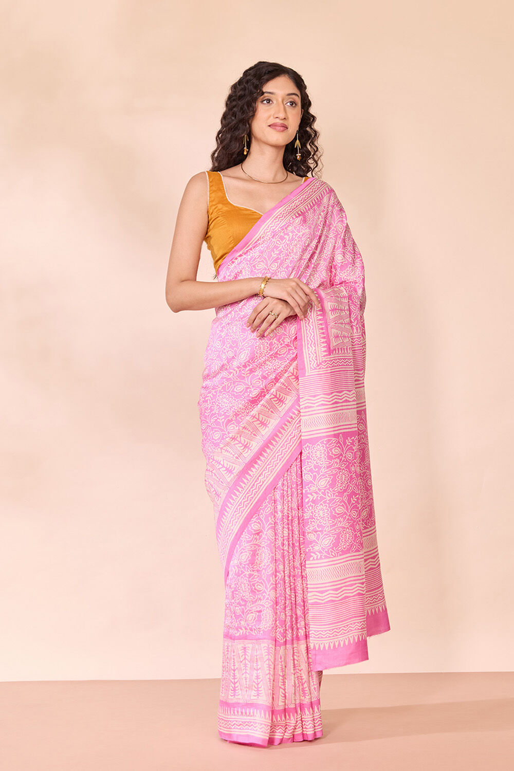 Pink Murshidabad Block Printed Pure Silk Saree image number null