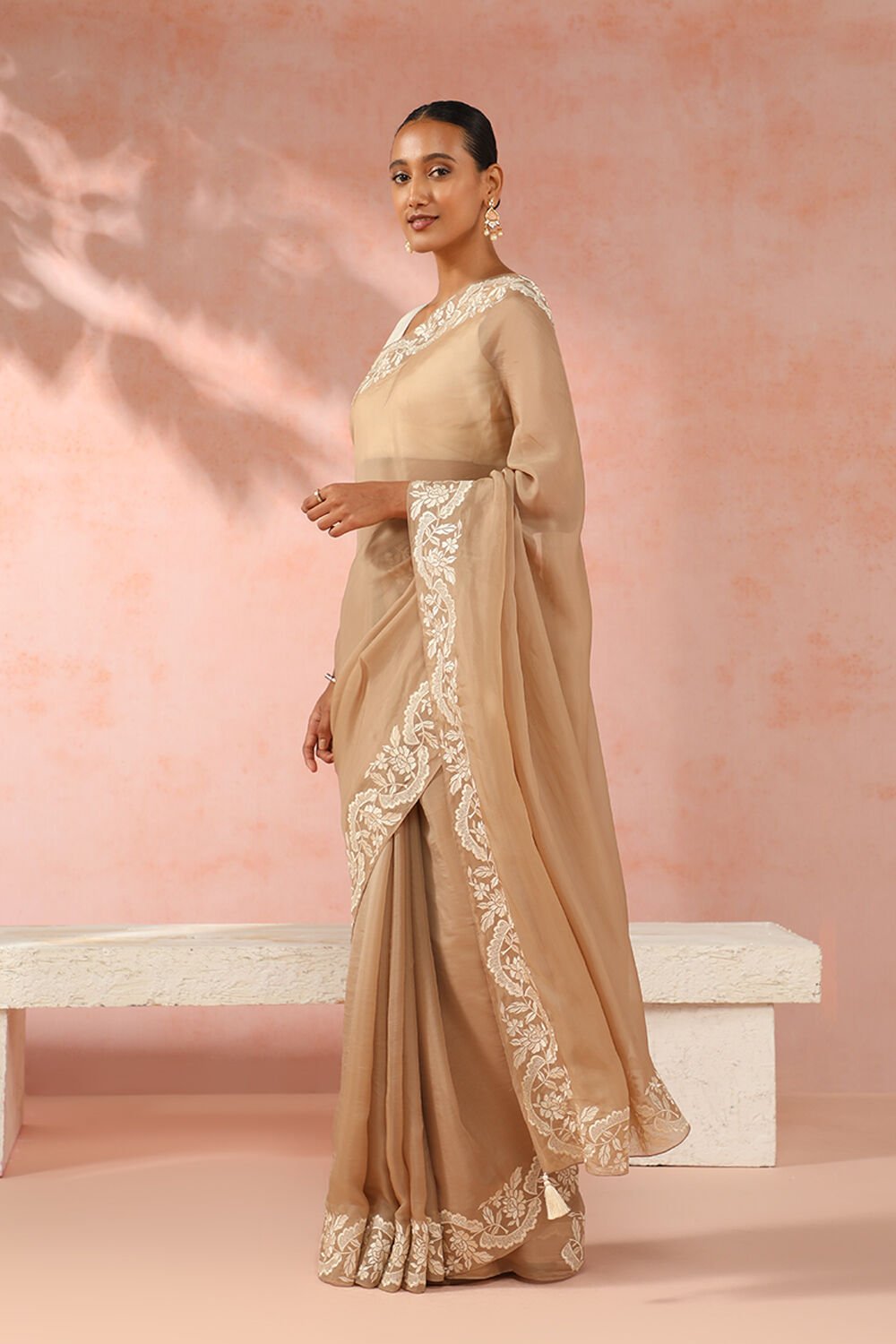 Beige Contemporary Viscose Organza Embroidery Saree image number null