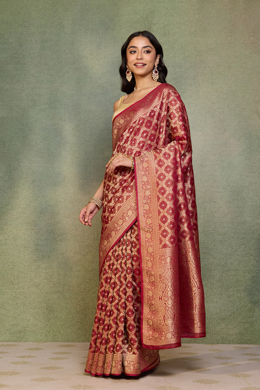 Dark Red   Woven Viscose Tissue Saree image number null