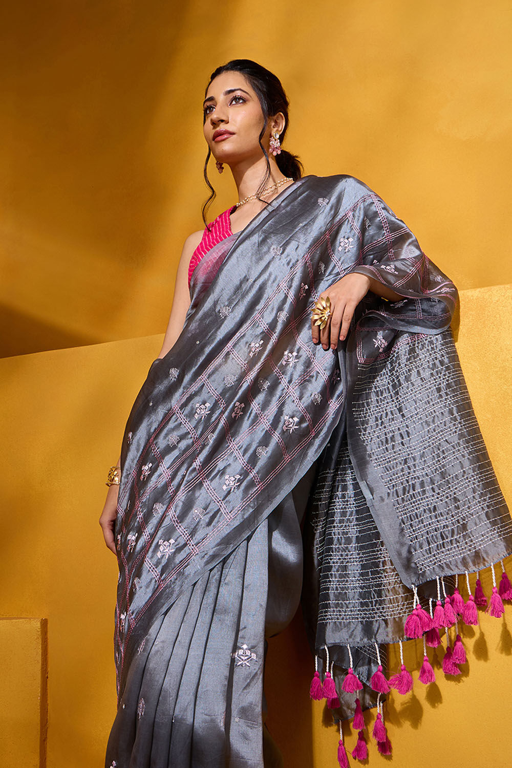 Grey Embroidered Silk Tencel Saree image number null