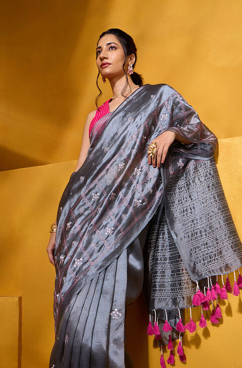 Grey Embroidered Silk Tencel Saree