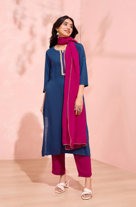 Blue Viscose Embroidered Kurta Set