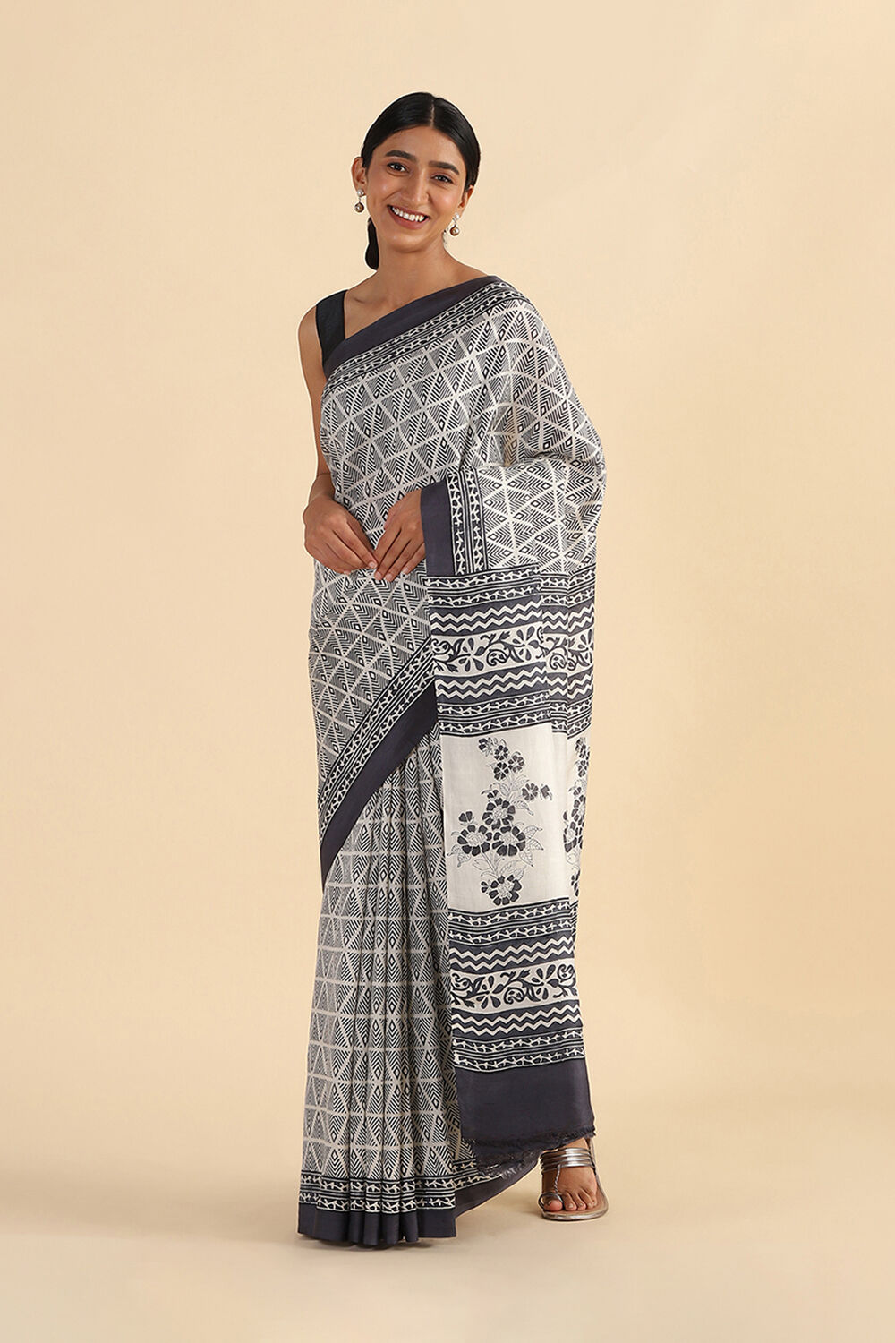 Off White Hand Blockprinted Pure Silk Saree image number null