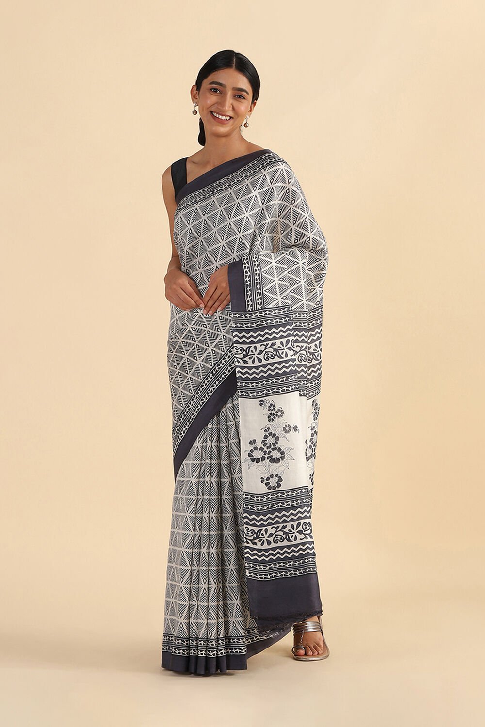 Off White Hand Blockprinted Pure Silk Saree image number null