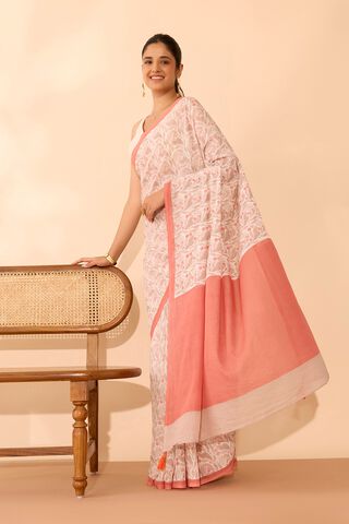 Off White Screen Printed Bengal Pure Cotton Mulmul Saree