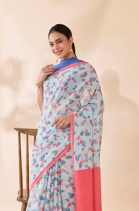 Light Blue Bengal Screen Printed Pure Cotton Mulmul Saree