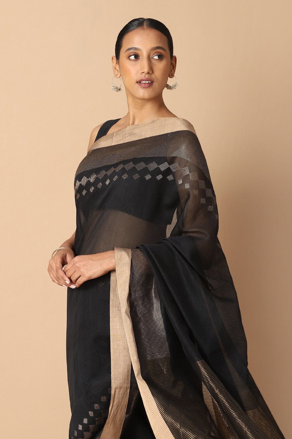 Black Pure Silk Cotton Jamdani Saree image number null