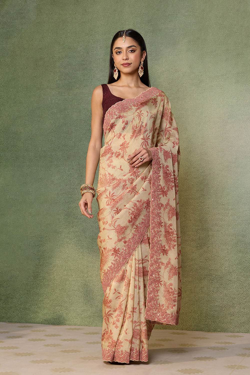 Beige Viscose Tissue Embroidered Saree image number null