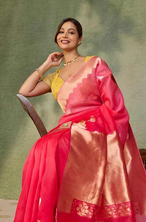 Pink Pure Silk Organza Kadwa Banarasi Saree