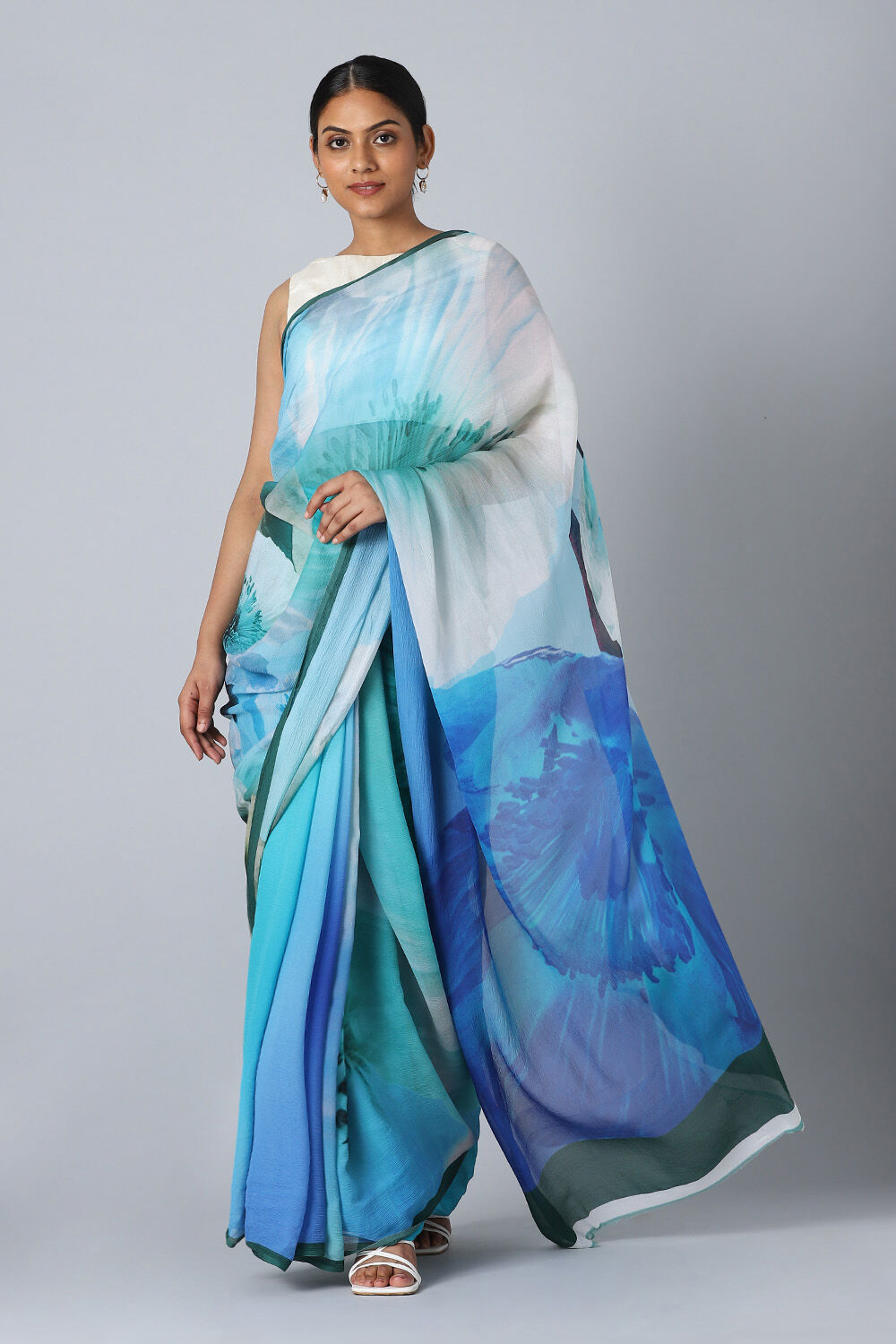 Blue Pure Chiffon Digital Printed Saree image number null